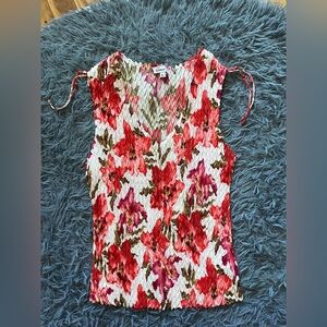 Komarov White Red Floral Print Crinkle Y2K Top Size L Made in USA